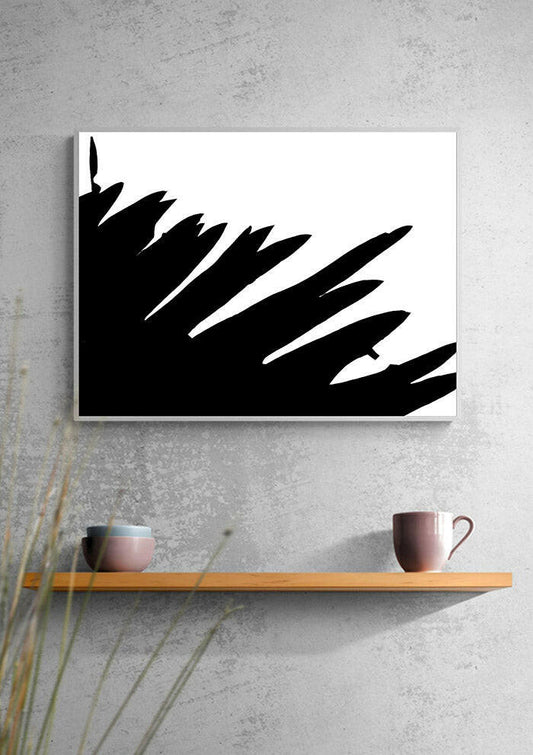 Printable wall art of a framed black and white abstract art print on a grey wall, above a wooden shelf with two cups.