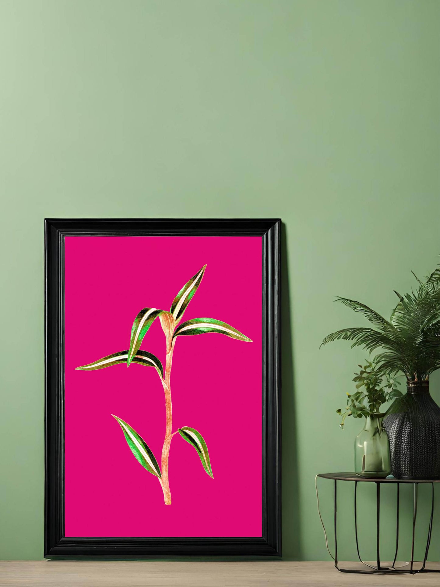 Vintage Plant Printable Wall Art, Green Botanical on Vibrant Pink Decor