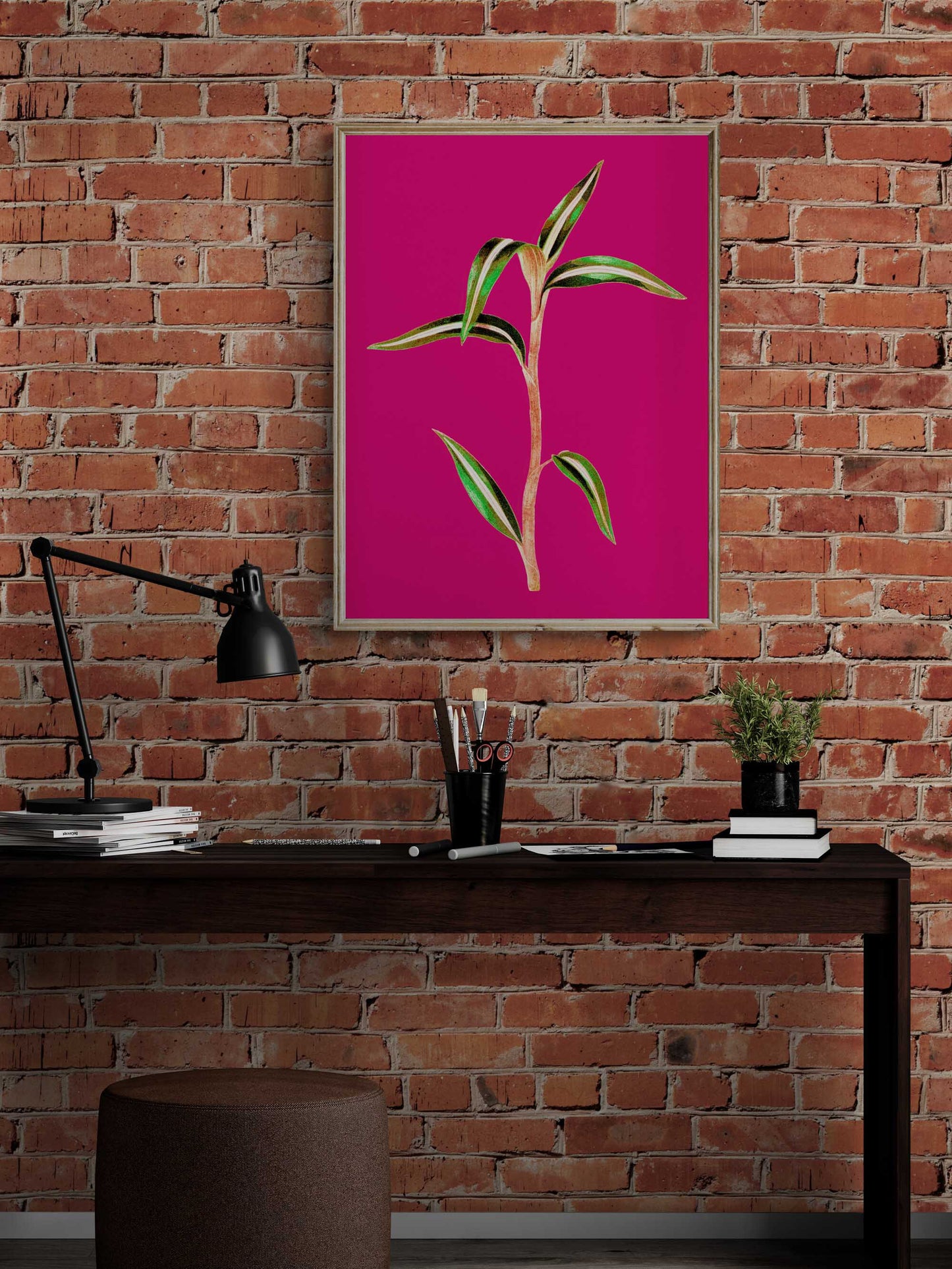 Vintage Plant Printable Wall Art, Green Botanical on Vibrant Pink Decor