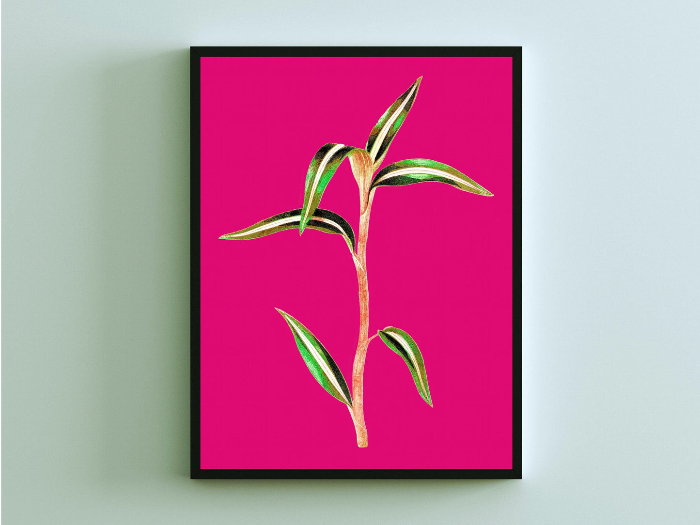 Vintage Plant Printable Wall Art, Green Botanical on Vibrant Pink Decor